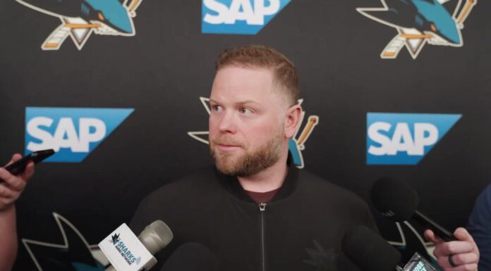 Warsofsky Extension: Sharks Keep NHL’s Youngest Head Coach San Jose Sharks head coach Ryan Warsofsky speaks to reporters at a team media availability