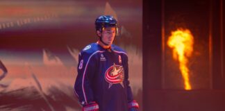 NHL NASCAR Simulator: Werenski Spins Out, Finishes 39th Zach Werenski Blue Jackets NHL Player Media Tour NASCAR racing simulator