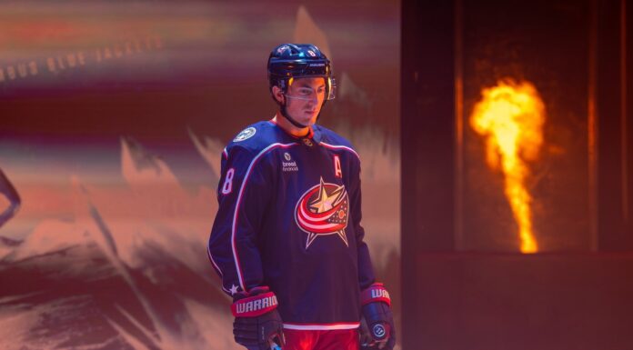 NHL NASCAR Simulator: Werenski Spins Out, Finishes 39th Zach Werenski Blue Jackets NHL Player Media Tour NASCAR racing simulator