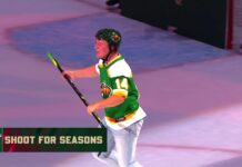 Wild Fan Wins Season Tickets With Center Ice Shot Minnesota Wild fan in a green Joel Eriksson Ek throwback jersey celebrates after scoring from center ice during the Shoot for Seasons contest at Grand Casino Arena