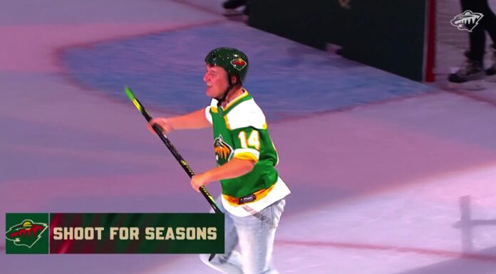 Wild Fan Wins Season Tickets With Center Ice Shot Minnesota Wild fan in a green Joel Eriksson Ek throwback jersey celebrates after scoring from center ice during the Shoot for Seasons contest at Grand Casino Arena