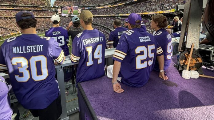 Wild players lead Skol chant at Vikings game Kirill Kaprizov, Joel Eriksson Ek, Jonas Brodin and Jesper Wallstedt wear custom Vikings jerseys at U.S. Bank Stadium