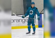 Stenberg Top Line: Sharks Rookie Joins Celebrini, Smith Will Smith smiles during a San Jose Sharks practice in April 2026