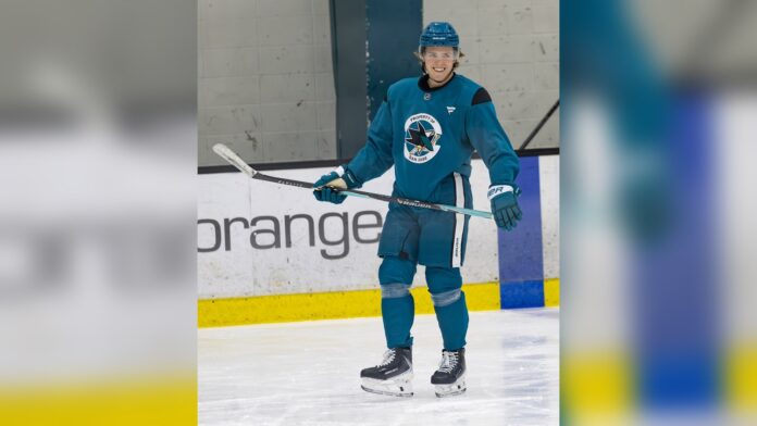 Will Smith San Jose Sharks practice April 2026 Will Smith smiles during a San Jose Sharks practice in April 2026