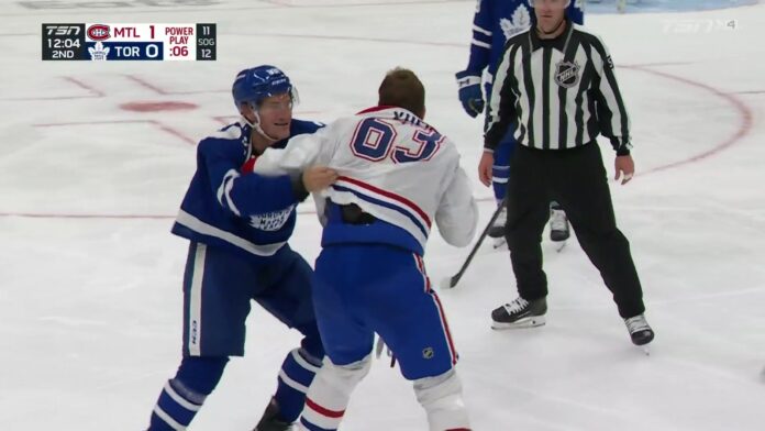 Florian Xhekaj fights Marshall Rifai, Canadiens at Maple Leafs preseason Montreal Canadiens forward Florian Xhekaj fights Toronto Maple Leafs defenseman Marshall Rifai during a 2026 NHL preseason game at Scotiabank Arena