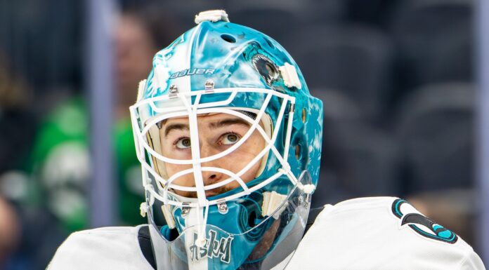 Askarov Prove-It Season: Sharks Bet Their Rebuild on Him San Jose Sharks goalie Yaroslav Askarov in his mask during warmups