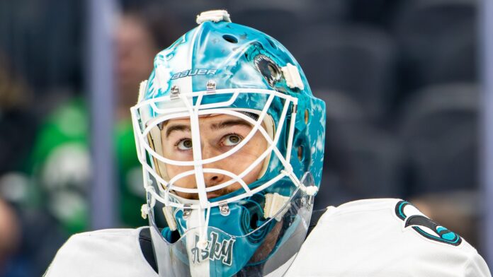 Yaroslav Askarov San Jose Sharks San Jose Sharks goalie Yaroslav Askarov in his mask during warmups