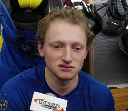 Zach Metsa Buffalo Sabres defenseman speaks after his first NHL goal