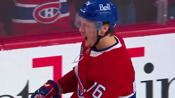 Zachary Bolduc celebrates a goal for the Montreal Canadiens at the Bell Centre