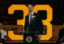Zdeno Chara speaks at his No. 33 number retirement ceremony at TD Garden as he takes on a bigger Bruins front office role