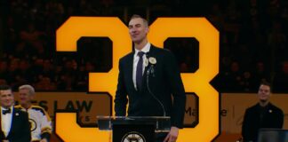Zdeno Chara speaks at his No. 33 number retirement ceremony at TD Garden as he takes on a bigger Bruins front office role