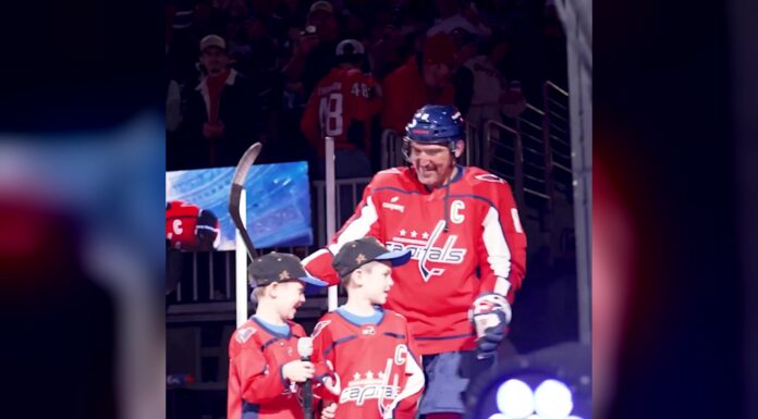 Alex Ovechkin Sons Introduce Him at Final Capitals Home Opener Alex Ovechkin with sons Sergei and Ilya after they introduced him at the Capitals 2026-27 home opener at Capital One Arena