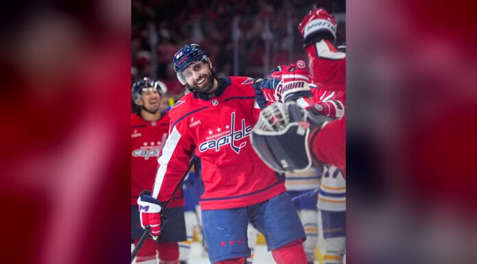 Alex Tuch Overtime Winner: Capitals Beat Former Team Sabres Alex Tuch smiling while celebrating a goal with Capitals teammates against the Buffalo Sabres