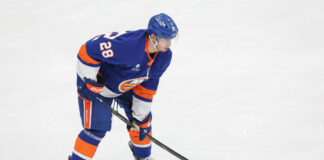 New York Islanders defenseman Alexander Romanov (28) during a game against the Washington Capitals at UBS Arena in Elmont, New York