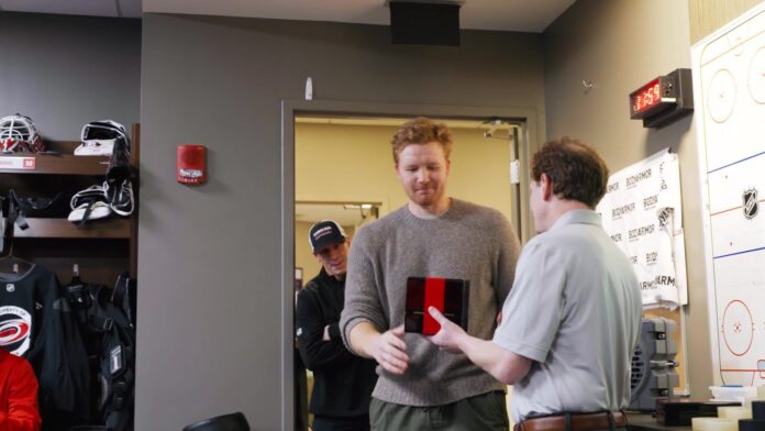 Frederik Andersen Stanley Cup ring Frederik Andersen receives his Stanley Cup championship ring from Hurricanes GM Eric Tulsky in the Rogers Place visitors dressing room