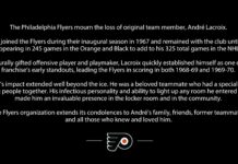 Andre Lacroix Dies: Original Flyer Was WHA’s Top Scorer Philadelphia Flyers tribute graphic mourning original team member Andre Lacroix
