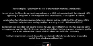Andre Lacroix Dies: Original Flyer Was WHA’s Top Scorer Philadelphia Flyers tribute graphic mourning original team member Andre Lacroix