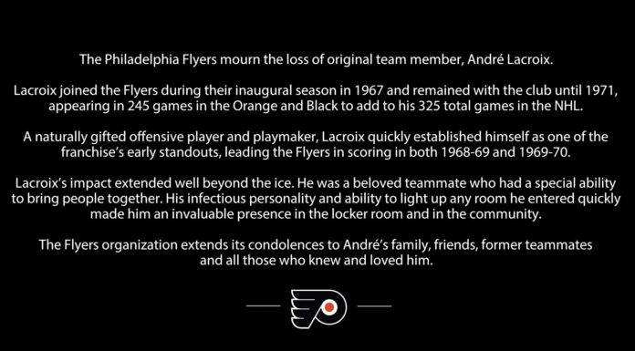 Andre Lacroix Dies: Original Flyer Was WHA’s Top Scorer Philadelphia Flyers tribute graphic mourning original team member Andre Lacroix