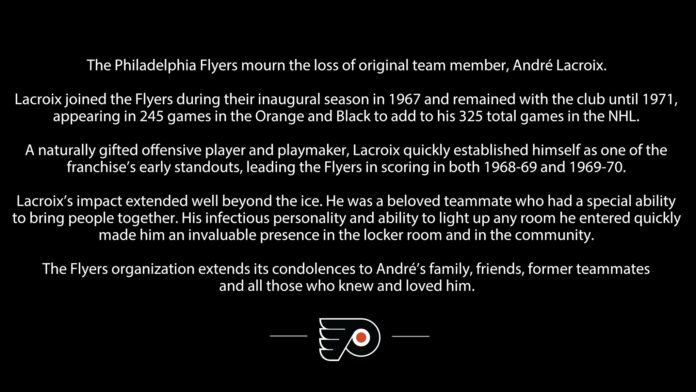 Andre Lacroix Flyers tribute graphic October 2026 Philadelphia Flyers tribute graphic mourning original team member Andre Lacroix