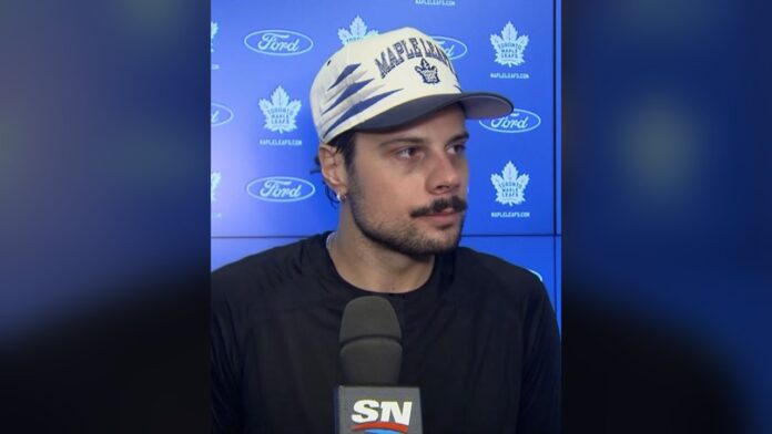 auston-matthews-maple-leafs-media-availability-oct-23 Auston Matthews speaking to media after Maple Leafs practice ahead of Connor McDavid and the Oilers