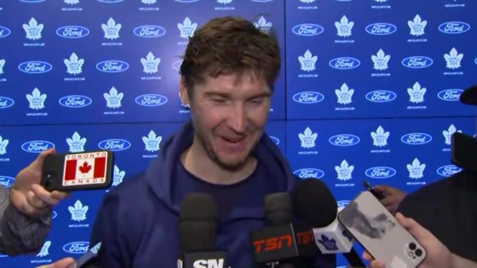 Sergei Bobrovsky Maple Leafs media availability McKenna rookie lap Sergei Bobrovsky laughs while speaking to reporters about Gavin McKenna rookie lap at Maple Leafs media availability