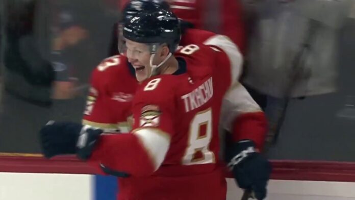 Brady Tkachuk celebrates overtime goal Panthers Brady Tkachuk celebrates overtime winner with Panthers teammate after second straight hat trick