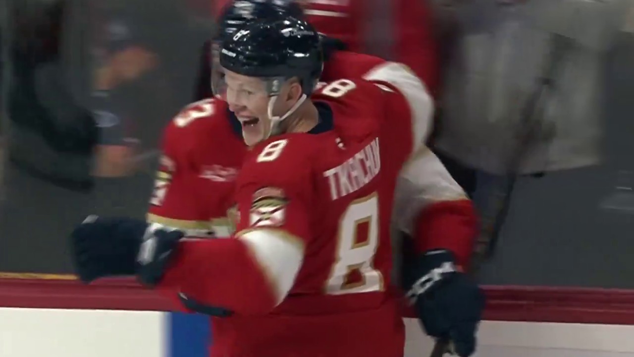 Brady Tkachuk celebrates overtime winner with Panthers teammate after second straight hat trick