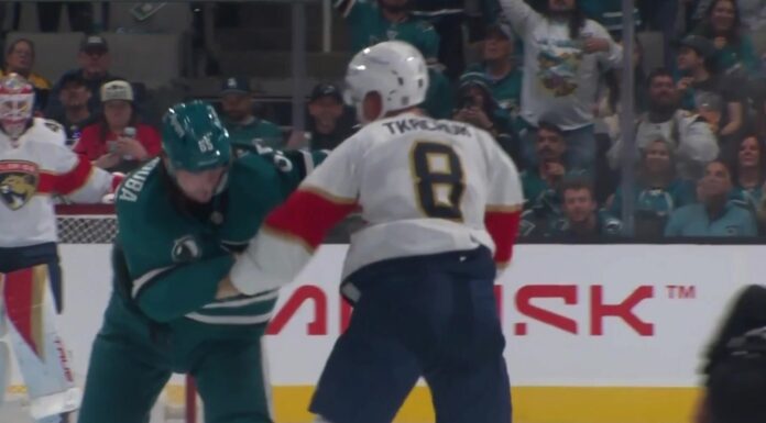 Brady Tkachuk Fight: Trouba Steps In After Celebrini Takedown Brady Tkachuk of the Florida Panthers fights Jacob Trouba of the San Jose Sharks