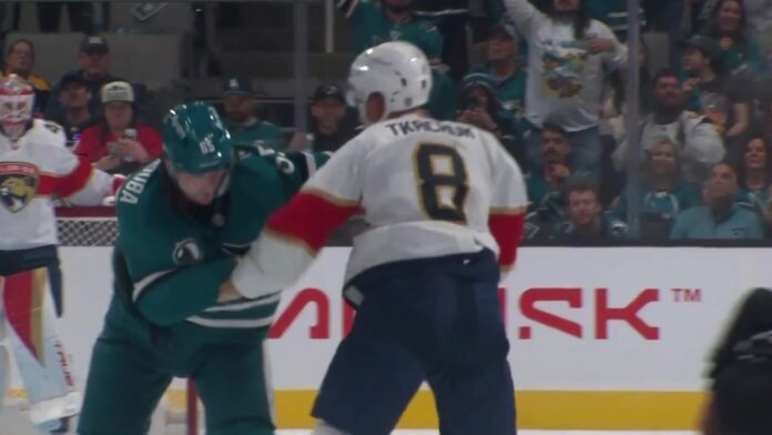 Brady Tkachuk Jacob Trouba fight Panthers Sharks Brady Tkachuk of the Florida Panthers fights Jacob Trouba of the San Jose Sharks