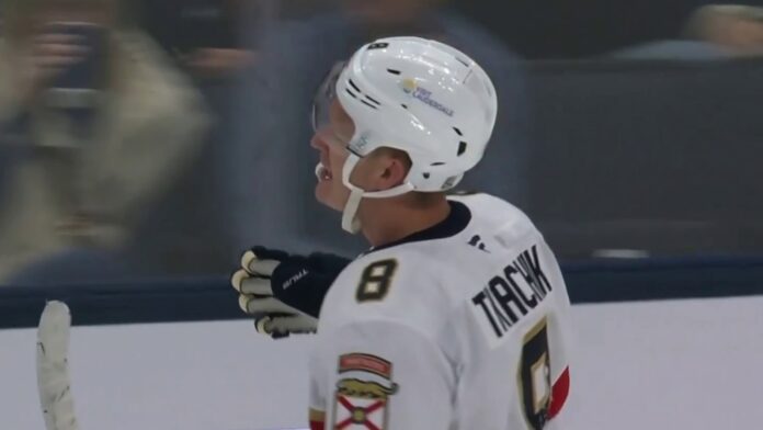 Brady Tkachuk natural hat trick Panthers Blue Jackets Brady Tkachuk celebrates natural hat trick goal for Florida Panthers vs Blue Jackets