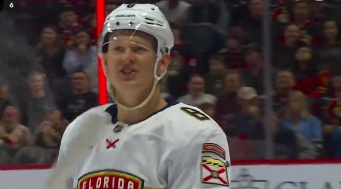 Tkachuk Postgame: ‘Over and Done With’ After Ottawa Loss Brady Tkachuk smiling in Panthers jersey after scoring against the Senators in Ottawa