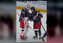 Cam Talbot Record: Wins With Ninth Franchise in Debut Cam Talbot celebrates with Kent Johnson after Blue Jackets shootout win over Penguins