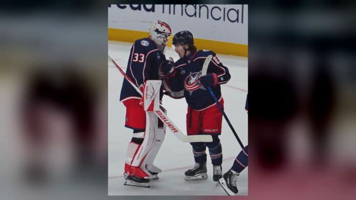 Cam Talbot Blue Jackets debut Cam Talbot celebrates with Kent Johnson after Blue Jackets shootout win over Penguins