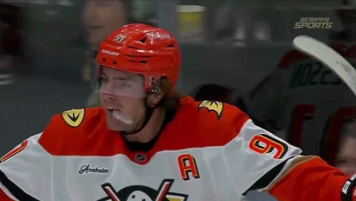 Leo Carlsson goal celebration Ducks vs Golden Knights Leo Carlsson celebrates his goal for the Anaheim Ducks against the Vegas Golden Knights in the 2026-27 season opener at T-Mobile Arena