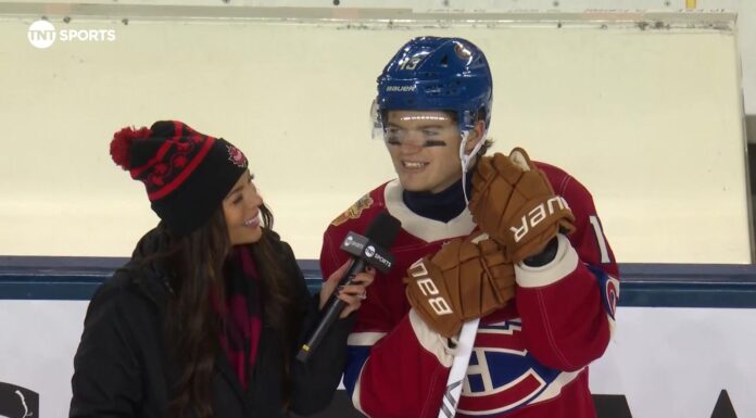 Caufield Canada’s Favorite Team Comment Sparks Habs Debate Canadiens forward Cole Caufield speaks with TNT reporter Jackie Redmond after the 2026 Heritage Classic