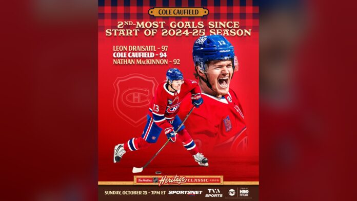 Cole Caufield Heritage Classic 2026 Canadiens Jets Cole Caufield Canadiens Heritage Classic 2026 graphic Jets Winnipeg Princess Auto Stadium
