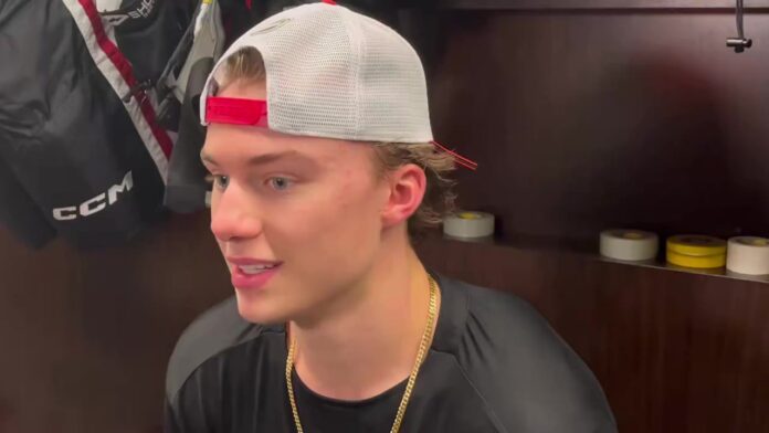 Connor Bedard Blackhawks full practice scrum Connor Bedard Blackhawks captain speaking to reporters after returning to full practice