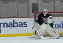 Hellebuyck Debut: Devils Goalie Says He’s ‘Ready Today’ Connor Hellebuyck in net at Devils practice in Newark