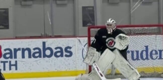 Hellebuyck Debut: Devils Goalie Says He’s ‘Ready Today’ Connor Hellebuyck in net at Devils practice in Newark