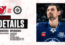 Hellebuyck Trade Reaction: Goalie Holds Jets Comments Connor Hellebuyck Devils trade details graphic showing Jets uniform and trade return