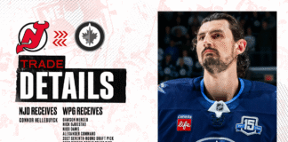 Hellebuyck Trade Reaction: Goalie Holds Jets Comments Connor Hellebuyck Devils trade details graphic showing Jets uniform and trade return