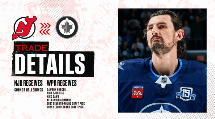 Hellebuyck Trade Reaction: Goalie Holds Jets Comments Connor Hellebuyck Devils trade details graphic showing Jets uniform and trade return