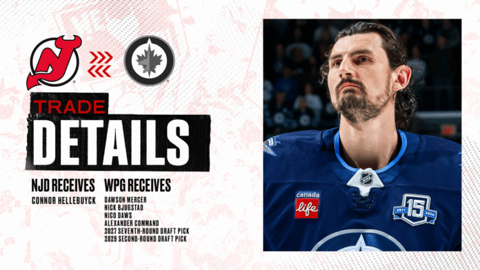 Connor Hellebuyck Devils Press Conference Connor Hellebuyck Devils trade details graphic showing Jets uniform and trade return