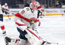 Cooper Black NHL Debut: Panthers Goalie Set to Be Tallest Ever Cooper Black Panthers goalie warming up NHL debut tallest goalie