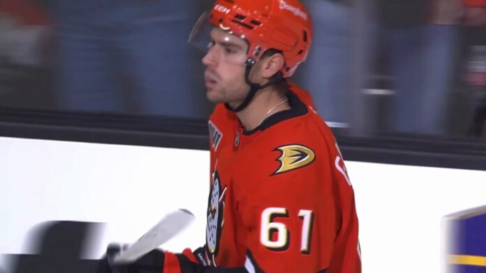Cutter Gauthier Ducks goal celebration vs Panthers Cutter Gauthier of the Anaheim Ducks after scoring a power-play goal against the Florida Panthers in the Ducks home opener