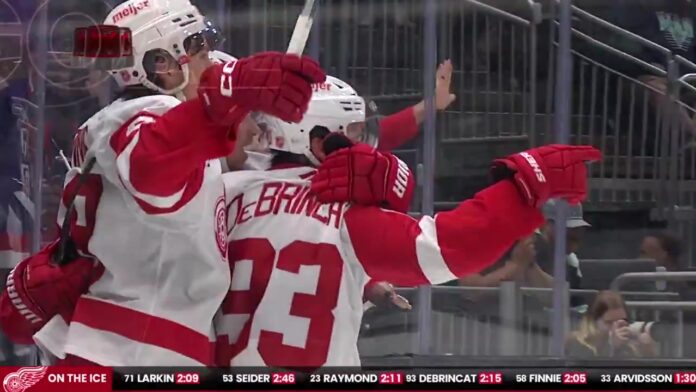 Alex DeBrincat 300th goal Red Wings Kraken Alex DeBrincat celebrates 300th career NHL goal for Red Wings against Kraken