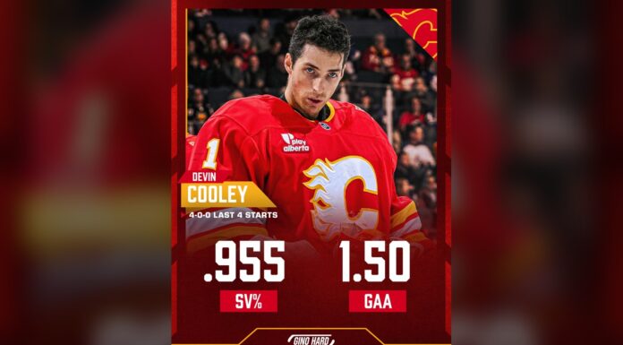 Gridin Two Goals: Flames Beat Leafs, Cooley Now 4-0 Calgary Flames goaltender Devin Cooley stat graphic showing .955 save percentage and 1.50 goals against average over four straight wins