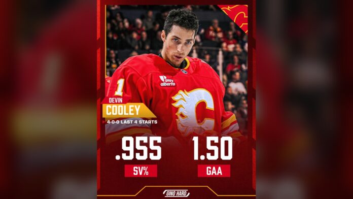 Devin Cooley Flames hot streak Calgary Flames goaltender Devin Cooley stat graphic showing .955 save percentage and 1.50 goals against average over four straight wins
