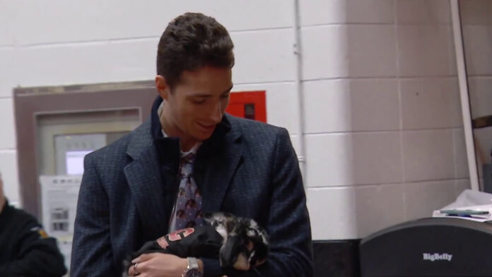 Devin Cooley pet rabbit Tito Flames arrival Flames goalie Devin Cooley holds his pet rabbit Tito in the Scotiabank Saddledome tunnel