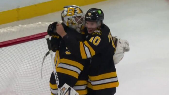 Michael DiPietro first NHL shutout Bruins Predators Bruins goalie Michael DiPietro celebrates first career NHL shutout with JJ Peterka vs. Predators
